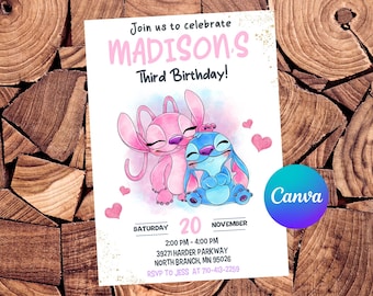 May include: A pink and blue Stitch and Angel birthday invitation with a watercolor background. The invitation says "Join us to celebrate Madison's Third Birthday!" and includes the date, time, and location of the party.