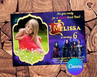May include: Purple and gold birthday invitation with a photo of a young girl in a red dress. The invitation says "Are you ready for a wicked good time?" and "3 Melissa is turning 6".