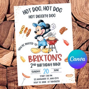 May include: A party invitation with a cartoon of a mouse grilling hot dogs. The invitation reads "Hot Dog, Hot Dog, Hot Diggity Dog" and announces a BBQ for Brixton's 2nd birthday on June 20th.