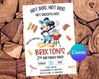 Mickey 2nd Birthday Invitation, Editable Canva Template, Hot Diggity Dog BBQ, Watercolor Boy Grill Party, Digital Download