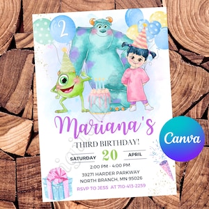 Monster-Einladung Monster-Hochschul-Geburtstagseinladung Monster Inc Party Monster-Aquarell-Einladung Monster-bearbeitbare Einladung