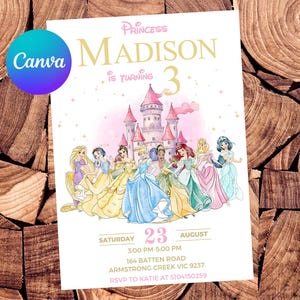 Convite Princesa Convite Aniversário Princesa Festa Bela Ariel Aquarela Cinderela Convite Editável Aurora Branca de Neve