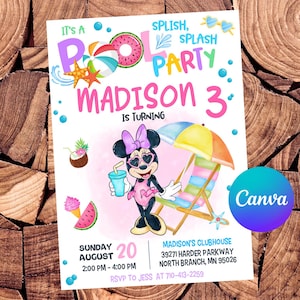 Uitnodiging zwembadfeestje Minnie Mouse Minnie Mouse verjaardagsuitnodiging Mickey Mouse feest Minnie Mouse bewerkbare uitnodiging