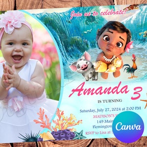 Baby Moana uitnodiging Baby Moana verjaardagsuitnodiging Baby Moana Party Baby Moana bewerkbare uitnodiging Baby Moana digitale kaart