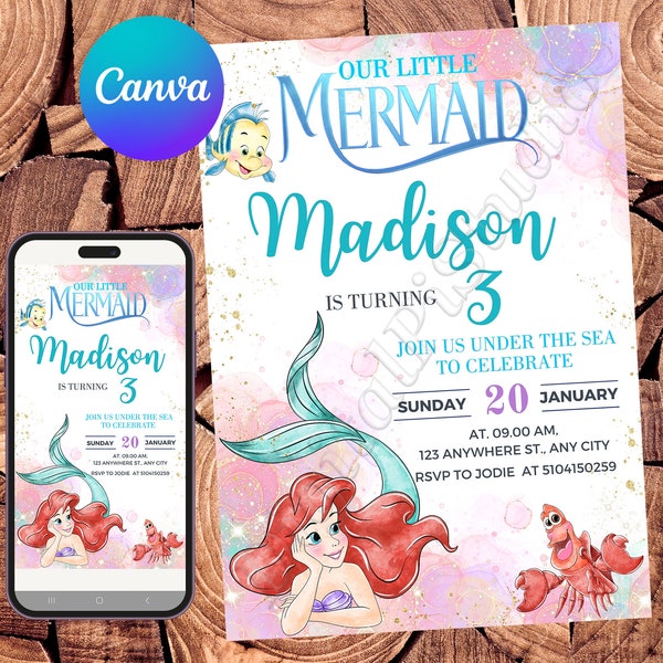 Little Mermaid Invitation Little Mermaid Birthday Invitation Ariel Party Little Mermaid Watercolor Invitation Ariel Editable Invitation