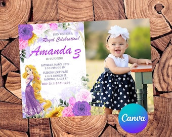 May include: A birthday invitation featuring a photo of a smiling toddler in a polka dot dress. The invitation includes text: "Join us for a Royal Celebration! Amanda 3 is turning." Floral and Rapunzel graphics are also included.