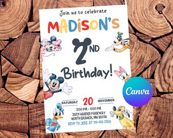 Invitación de la Casa Club de Mickey Mouse Invitación de cumpleaños de Mickey Mouse Fiesta de Minnie Mouse Invitación editable de acuarela de Mickey Mouse
