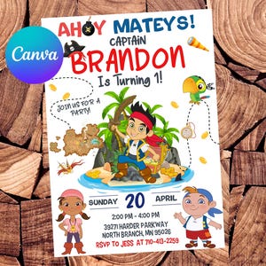 May include: A pirate-themed birthday party invitation with the text "Ahoy Mateys! Captain Brandon Is Turning 1!" The invitation features cartoon illustrations of pirates, a treasure map, and a parrot. The date and time of the party are also included.
