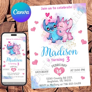 Convite Stitch Convite de Aniversário Stitch e Anjo Convite Stitch Festa Stitch Convite Aquarela Convite Editável