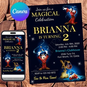 May include: A blue and black birthday invitation featuring a cartoon image of Mickey Mouse dressed as a wizard. The invitation reads "Join us for a Magical Celebration Brianna is turning 2" and includes the date, time, and location of the party.
