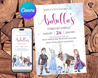 May include: A Frozen-themed birthday invitation with a watercolor background. The invitation features a purple and white text that reads "Arabella's Third Birthday!" with the date and time of the party. The invitation also features a group of Frozen characters, including Elsa, Anna, Olaf, Kristoff, and Sven.