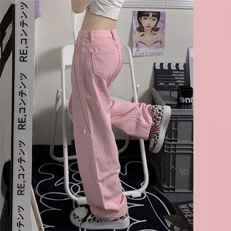 Y2K Baggy Pink Jeans Women Kawaii Korean Fashion Oversize Low Rise Wide Leg  Denim Pants Streetwear Loose Trousers Alt 