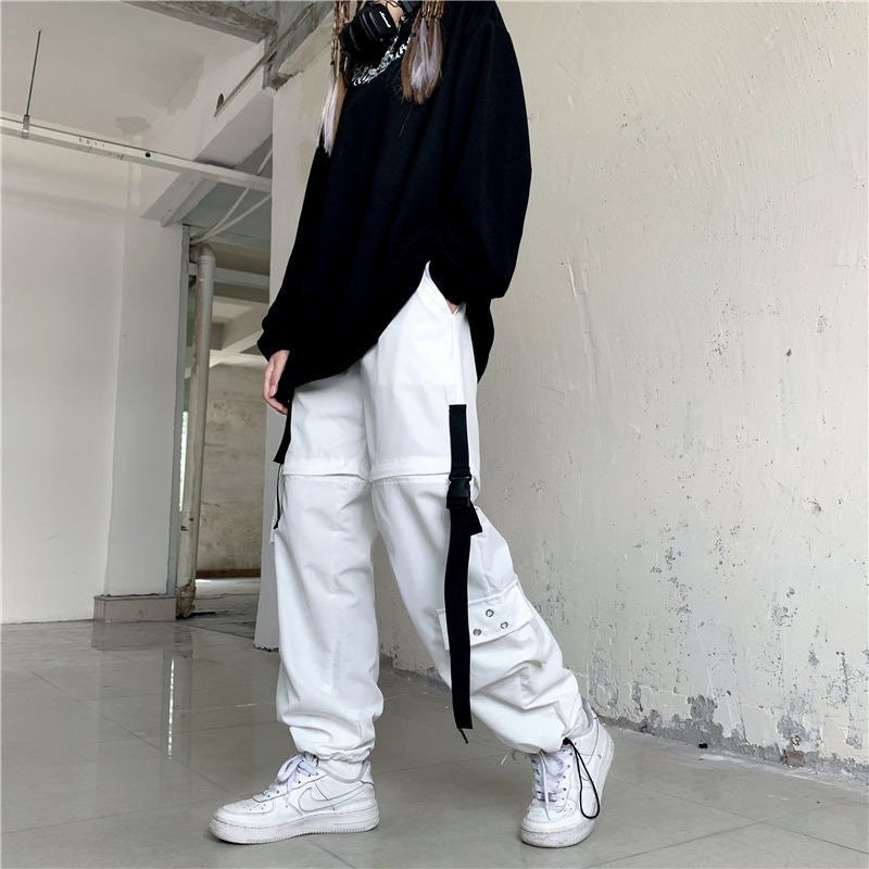 Weiß Streetwear Cargohose Frauen Y2k Harajuku Lose Patchwortk Hohe Taille  Hose Beiläufig Abnehmbar Techwear koreanische - .de