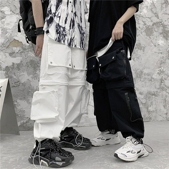 3D Pocket Drawstring Label Design Streetwear Baggy Cargo Pants In DEEP  GREEN