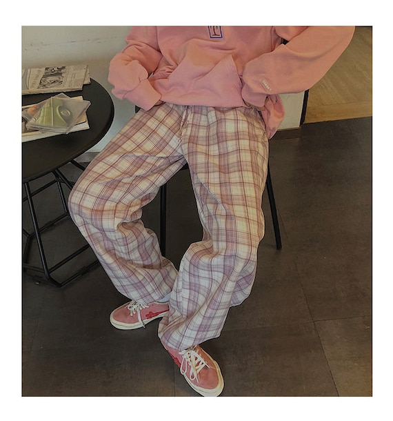 Plaid Pants Women Autumn Fashion 2021 Pink High Waist Pants Casual