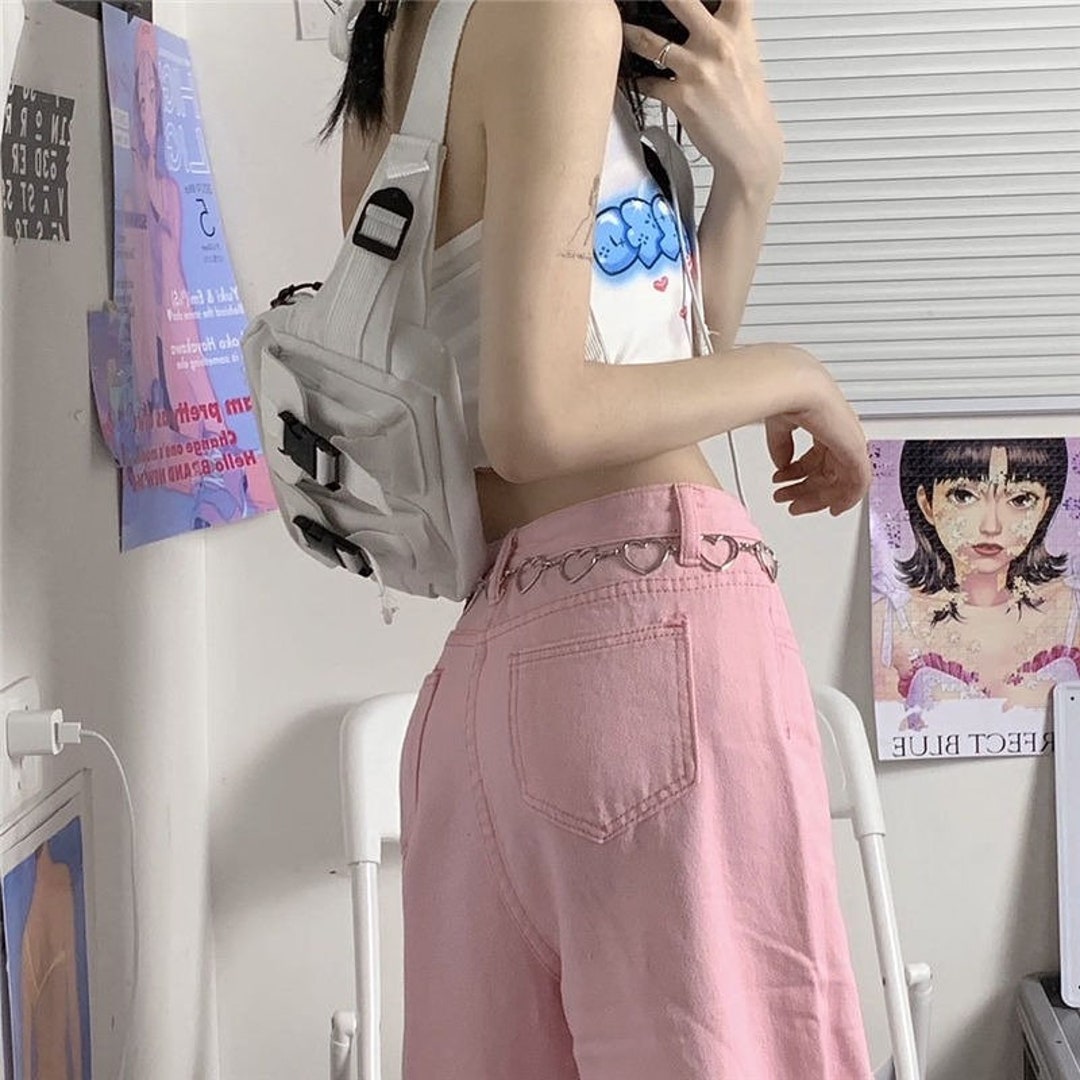 Japanese Women Girl Pink Denim Long Pants kawaii High Waist Jeans Trousers  New