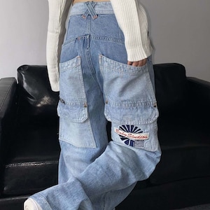 Jeans cargo de cintura alta para mujer con bolsillos con solapa, pantalones  de mezclilla laterales rectos, pantalones de mezclilla para exteriores