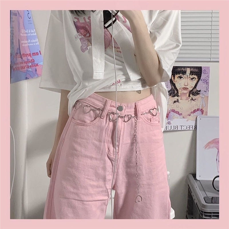 Japanese Women Girl Pink Denim Long Pants kawaii High Waist Jeans Trousers  New