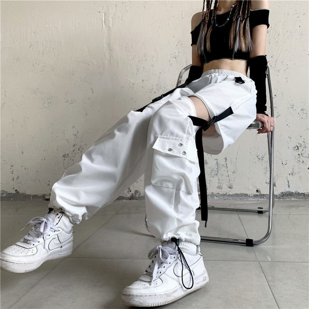 White Streetwear Cargo Pants Women Y2k Harajuku Loose Patchwortk High Waist  Trousers Casual Removable Techwear Korean 