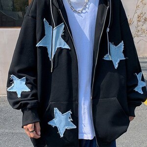 Men s Star Patch Zip up Hoodie for Men Oversized Y2k Sweatshirt