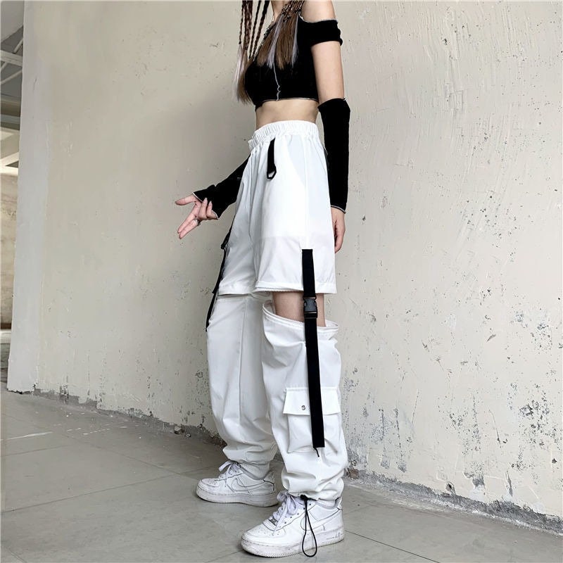 Weiß Streetwear Cargohose Frauen Y2k Harajuku Lose Patchwortk Hohe Taille  Hose Beiläufig Abnehmbar Techwear koreanische - .de