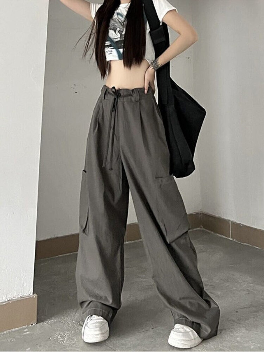 White Streetwear Cargo Pants Women Y2k Harajuku Loose Patchwortk High Waist  Trousers Casual Removable Techwear Korean 