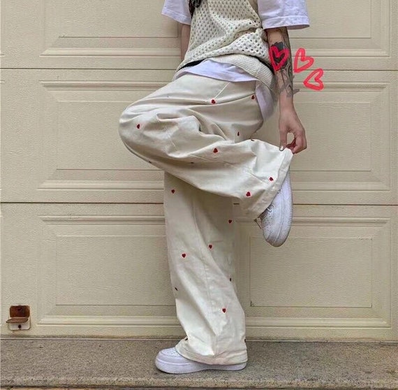 smiley embroidered wide leg pants for girls women Korean cute