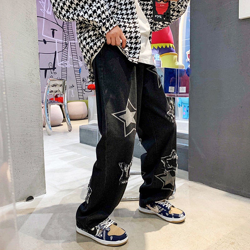 Jeans Masculino Emo Cyber Y2k Homens Moda Moda Streetwear Casual
