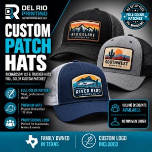 May include: Three trucker hats featuring custom patches: a black hat with a mountain landscape patch, a gray hat with a desert cactus patch, and a navy blue hat with a fish patch. The text includes Del Rio Printing, Custom Patch Hats, and company names.