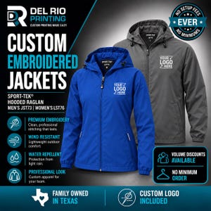 May include: Two hooded raglan jackets, one royal blue and one charcoal gray, featuring full-length front zippers, adjustable drawstrings at the hood, and the text 'YOUR LOGO HERE' printed on the left chest. Both jackets have long sleeves.
