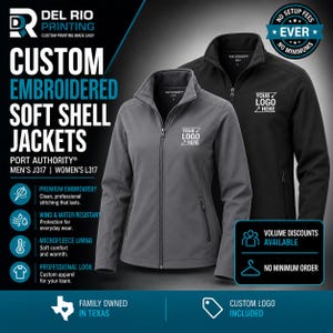 May include: A charcoal grey and a black soft shell jacket, both featuring a full-length front zipper, a high collar, and a custom logo placement on the left chest. The jackets are labeled as Port Authority J317 and L317, with text detailing custom embroidery, wind and water resistance, and microfleece lining.