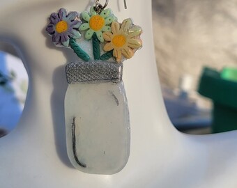 Handmade polymer clay mason jar with wildflowers earrings southern mother's day gift Bridesmaid gift