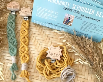 Schritt-für-Schritt DIY Makramee Schnullerketten Set mit Fotos und Material | verschiedene Schnullerclips | Fuchs | Löwe | Regenbogen | Katze