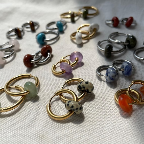 Naturstein Creolen | Edelstahl | Nickelfrei | Ohrringe mit Anhänger | Wechselperlen | Donut | 14K echt vergoldet | Edelstein | Gold | Silber
