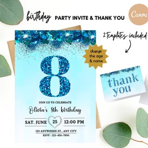 Bearbeitbare Blau Vergoldung Mädchen Birdthday Party Einladung Vorlage Blau Glitzer Geburtstagsparty Sofort Download Mädchen Geburtstagsparty 8., 7.,