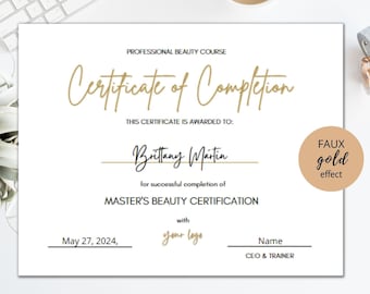 DIY Certificate of Completion Template, Printable Beauty Course Certificate, Lashes Award Template, Faux Gold Effect, Instant Access, Beauty