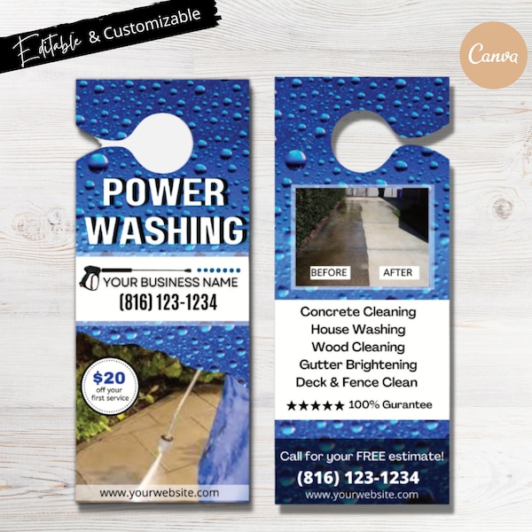 Front & Back Pressure Washing Door Hanger Template, Exterior Cleaning Experts, Roof Washing, Customize Door Hanger, Power Washing Door Flyer