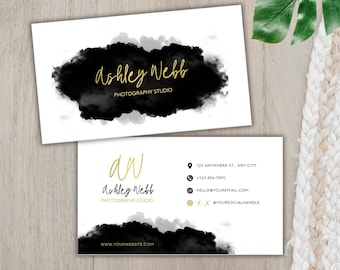 Black Watercolor Business Card Template: Editable Gold Accents (Printable)
