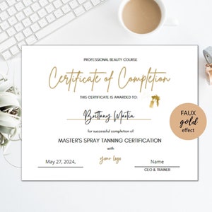 DIY Certificate of Completion Template, Printable Spray Tan Course Certificate, Spray Tan Artist Template, Gold, Editable, Spray Tan Course
