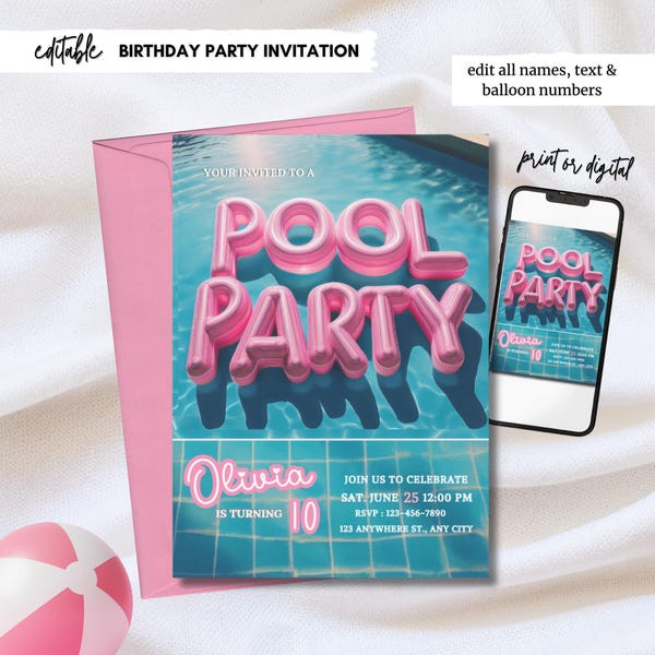 Girls Pool Party Birthday Invitation: Editable Template (Digital Download)