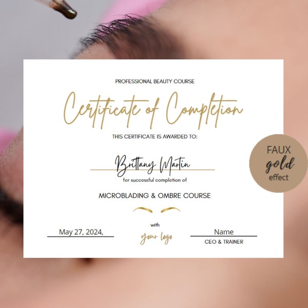 DIY Certificate of Completion Template, Printable Brow Course Certificate, Microblading Template, Gold, Editable, Ombre Brow Course, Eyebrow