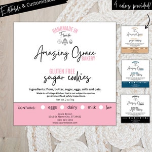 Editable Cottage Law Labels Template, Feminine Cookies Ingredients Labels, Custom Home Bakery Stickers, Printable Food License Label Bakery