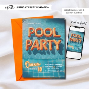 Modello di invito di compleanno per festa in piscina per ragazzi modificabile Invito per festa di compleanno per festa in piscina Invito per compleanno per ragazzi Invito per compleanno per adolescenti Download digitale 258