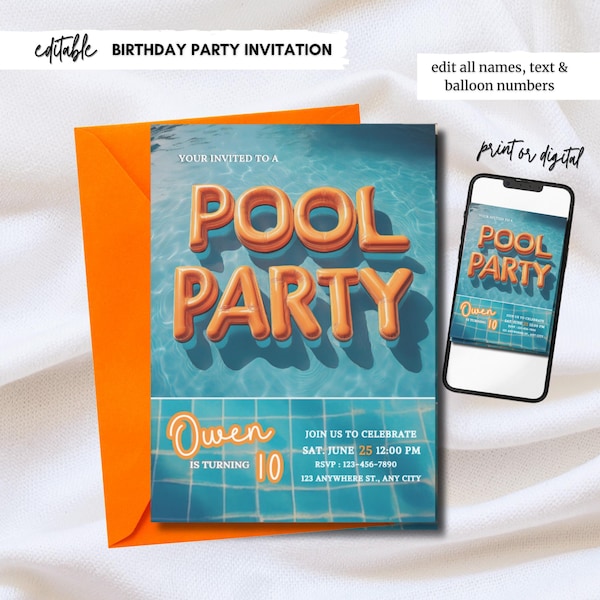 Boys Pool Party Invitation: Editable Birthday Template (Digital Download)