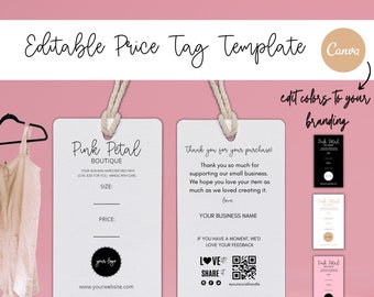 Puede incluir: Plantilla de etiqueta de precio editable para una boutique llamada Pink Petal. La plantilla incluye campos para el tamaño, el precio y un espacio para un logotipo. La plantilla también incluye un mensaje de agradecimiento para los clientes, un código QR y una llamada a la acción para compartir el negocio en las redes sociales.
