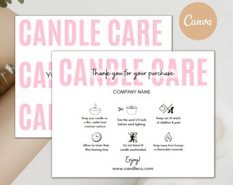 Editable Candle Care Card, Printable Candle Care Template, Pink Watercolor Candles Care Guide, Candle Safety Card Design, Instant, editable
