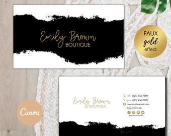 Black & Gold Watercolor Business Card Template: Editable Canva Design