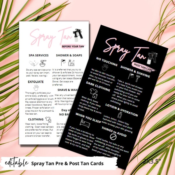 Spray Tanning Pre and Post Tan Instruction Cards | Digital Download 2x3.5” inch Business Card Size | Sunless Tanning Black Card| Esthetician