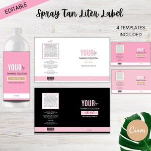 May include: A spray tan label design with a pink and white colour scheme. The label includes the text "YOUR" and "TANNING SOLUTION" in a modern font. The words "extra dark" and "PROFESSIONAL STRENGTH" are also included. The design includes 4 templates.
