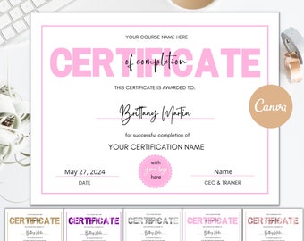 印刷可能なコース修了証書テンプレート：編集可能なゴールドデザイン（Canva）